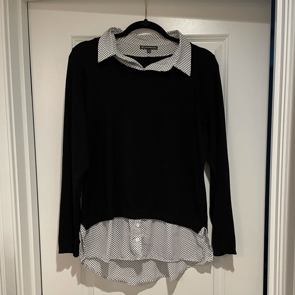 Faux layered blouse with black sweater and polka dot blouse faux layer